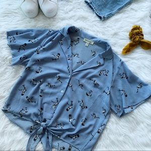 Monteau Striped Crane Print Blouse